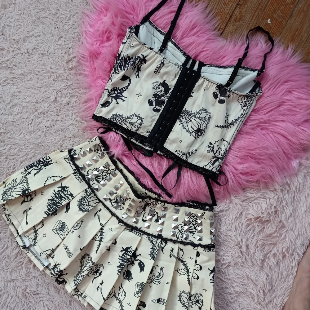DK kawaii goth creepy cute dbl corset laced top & metal stud skirt set SOLD! - Picture 12 of 15